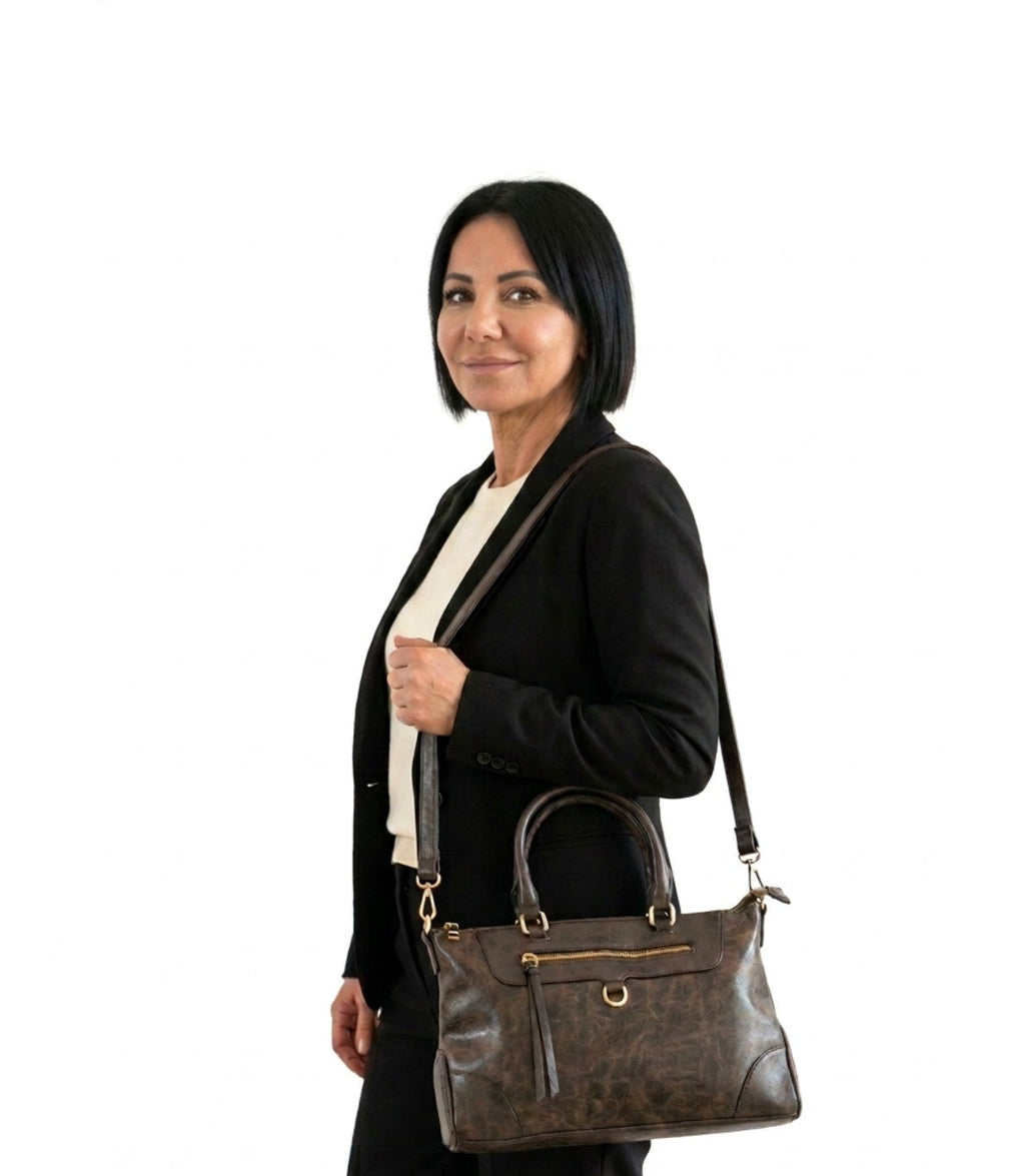 Borsa a mano effetto vintage con dettagli dorati