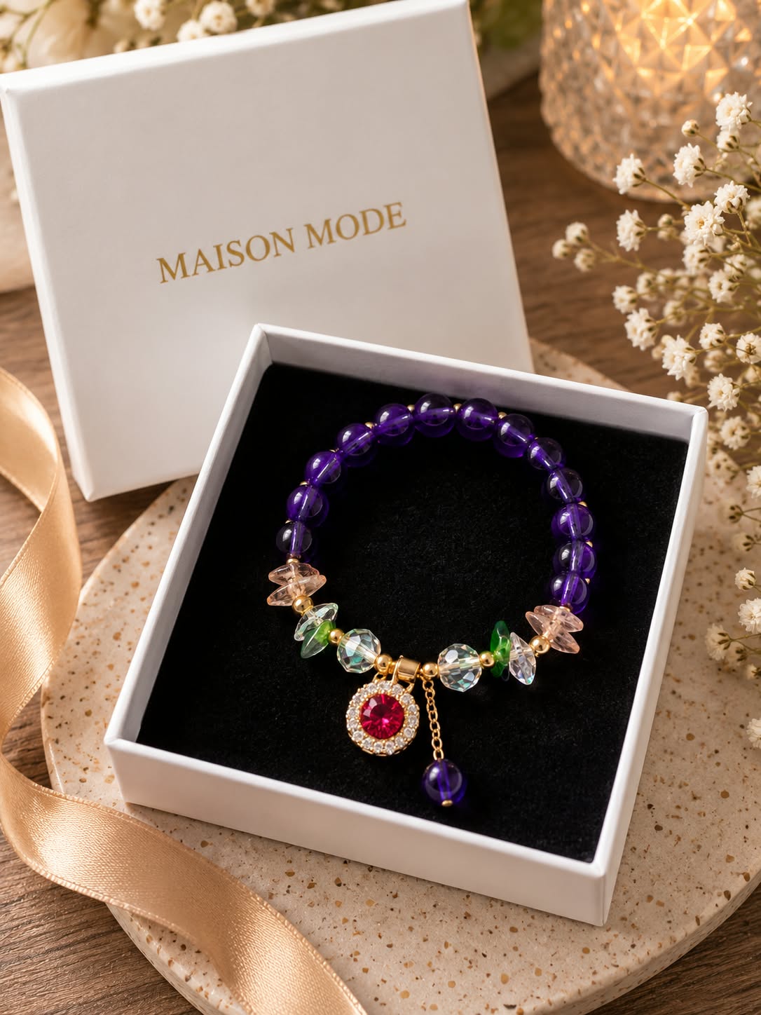 Bracciale Viola con Perle e Charms Dorati – Violet Charm