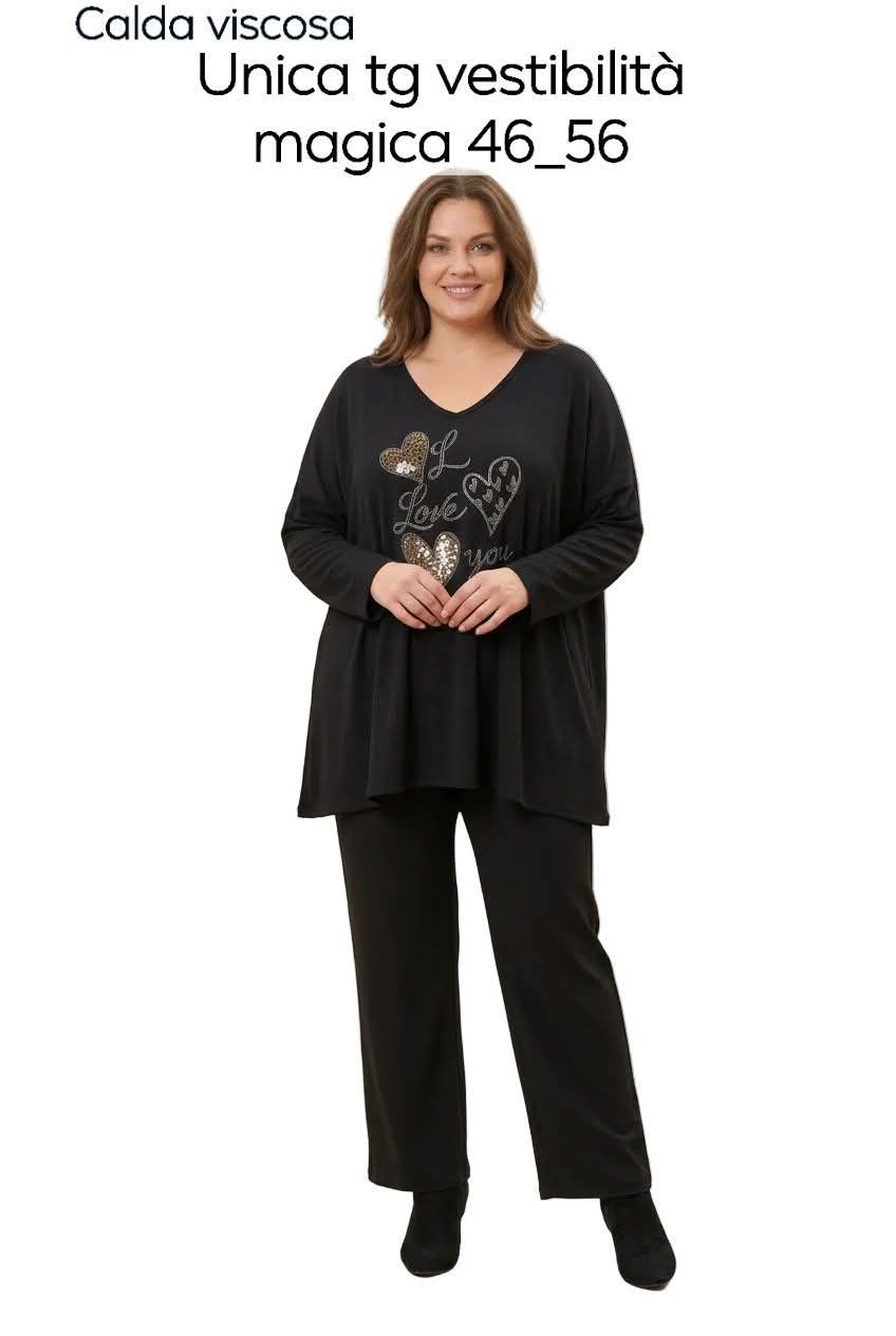 Completo donna Curvy con cuori · Calda viscosa · Nero · Vestibilità 46–56