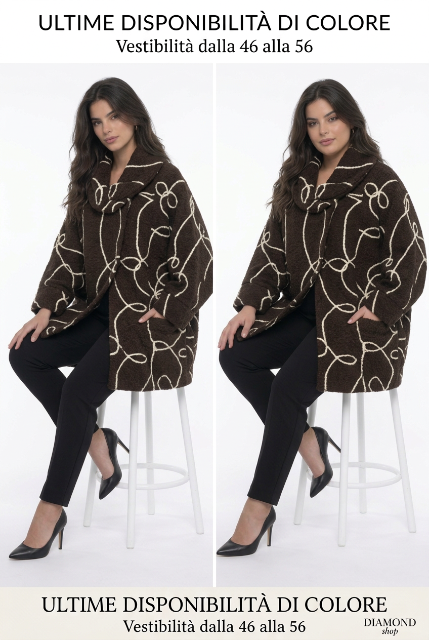 Cappotto marrone cioccolato testa di moro con righe bianche su modelle slim e curvy
