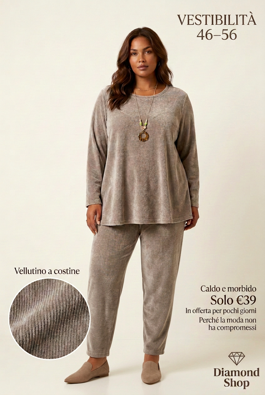 Completo curvy tortora in vellutino a costine, vestibilità 46–56
