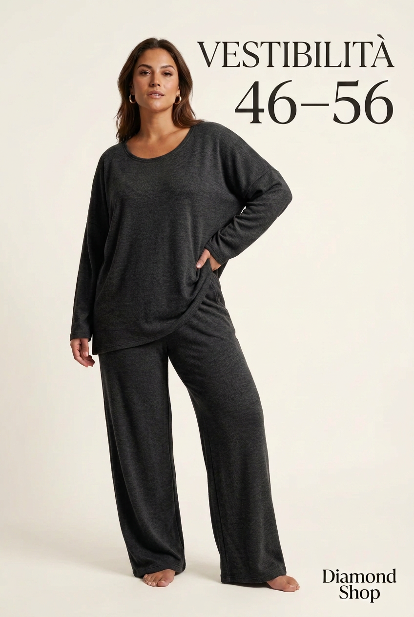 Completo grigio antracite su modella curvy, vestibilità 46–56, Diamond Shop