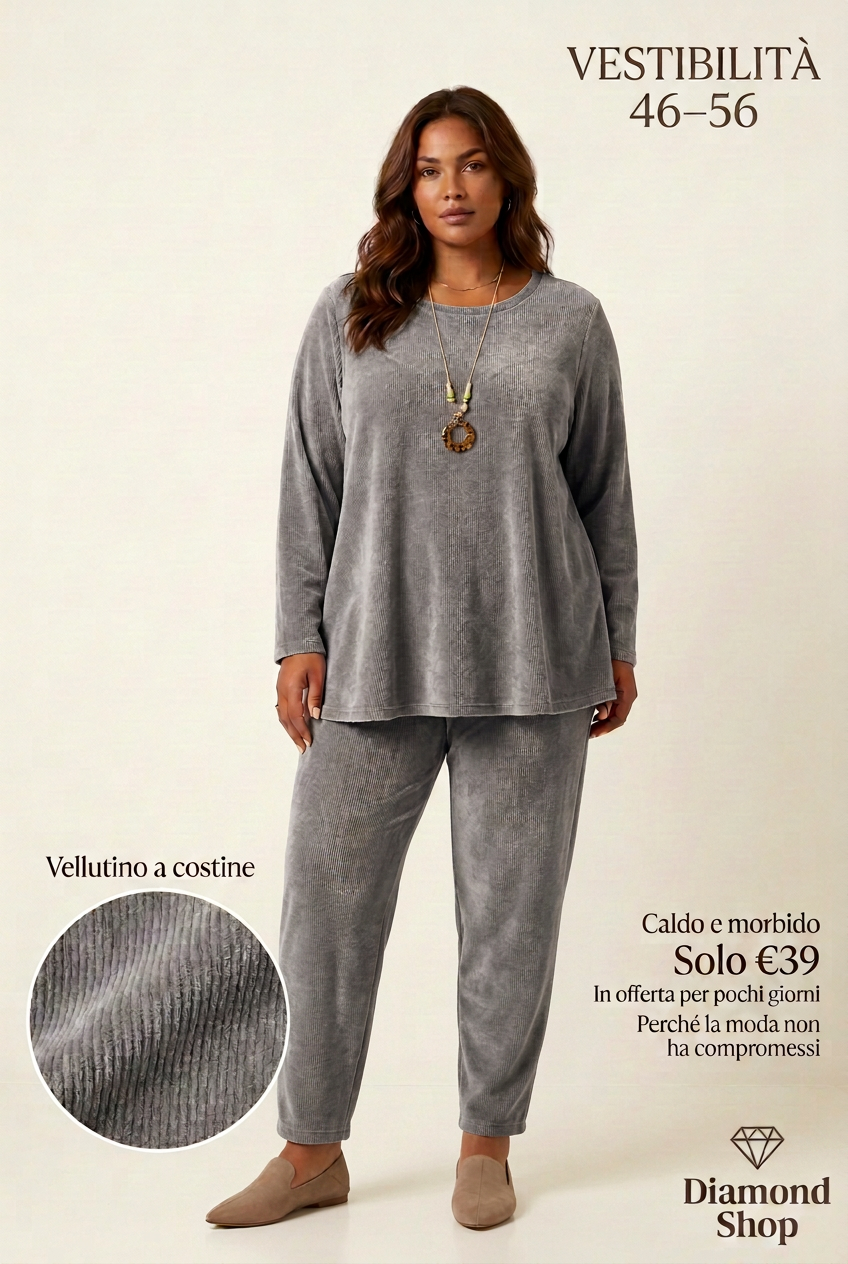 Completo curvy grigio in vellutino a costine, vestibilità 46–56