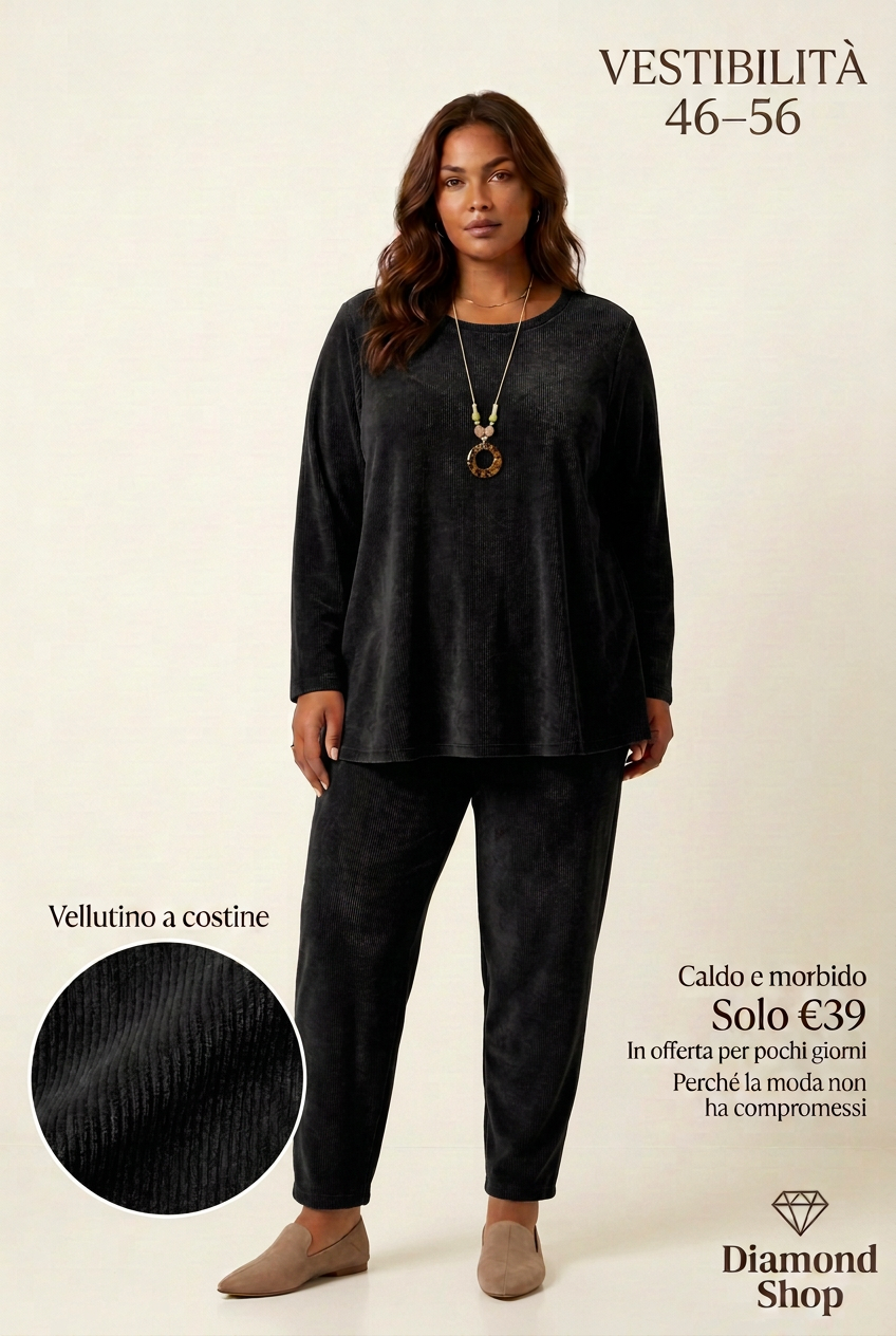 Completo curvy nero in vellutino a costine, vestibilità 46–56