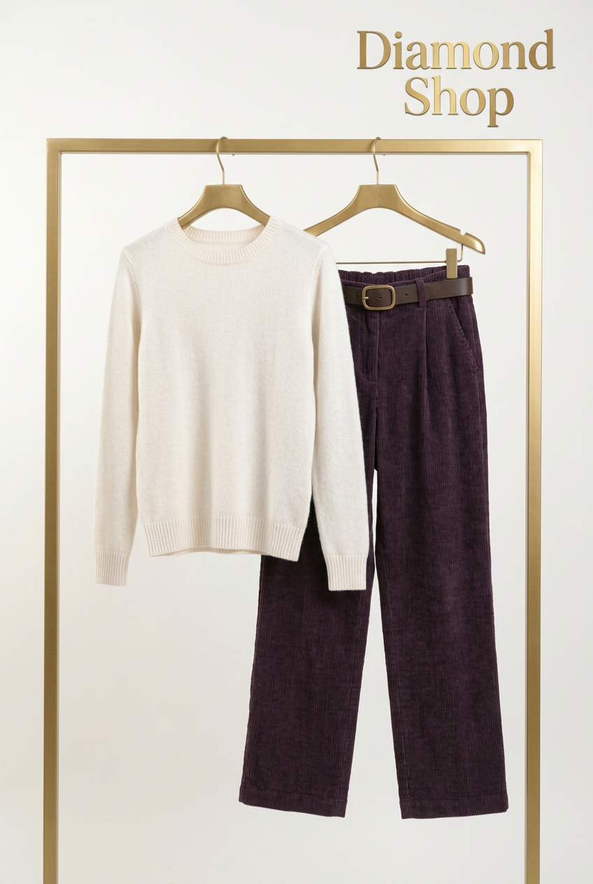 Maglioncino bianco e pantaloni viola su stand quadrato oro