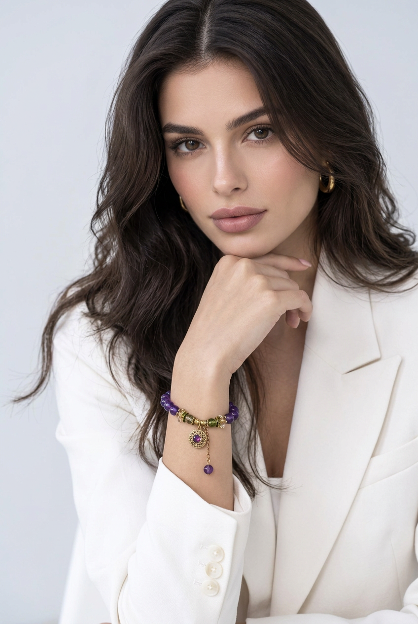 Modella della borsa Chloé con il bracciale viola