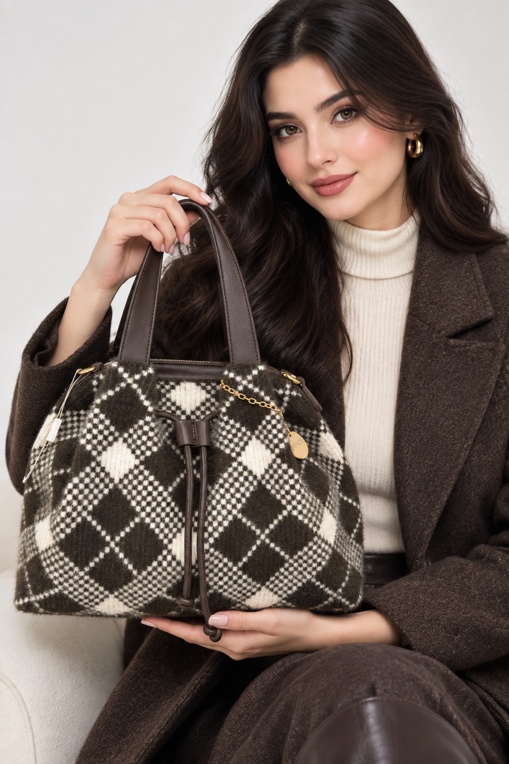 Borsa donna a quadri marrone e panna con dettagli dorati