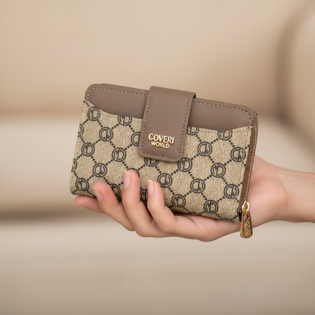 Portafoglio Donna Coveri World Compatto – Modello Monogram Beige e Marrone  o nero e Bianco con Zip e Bottone