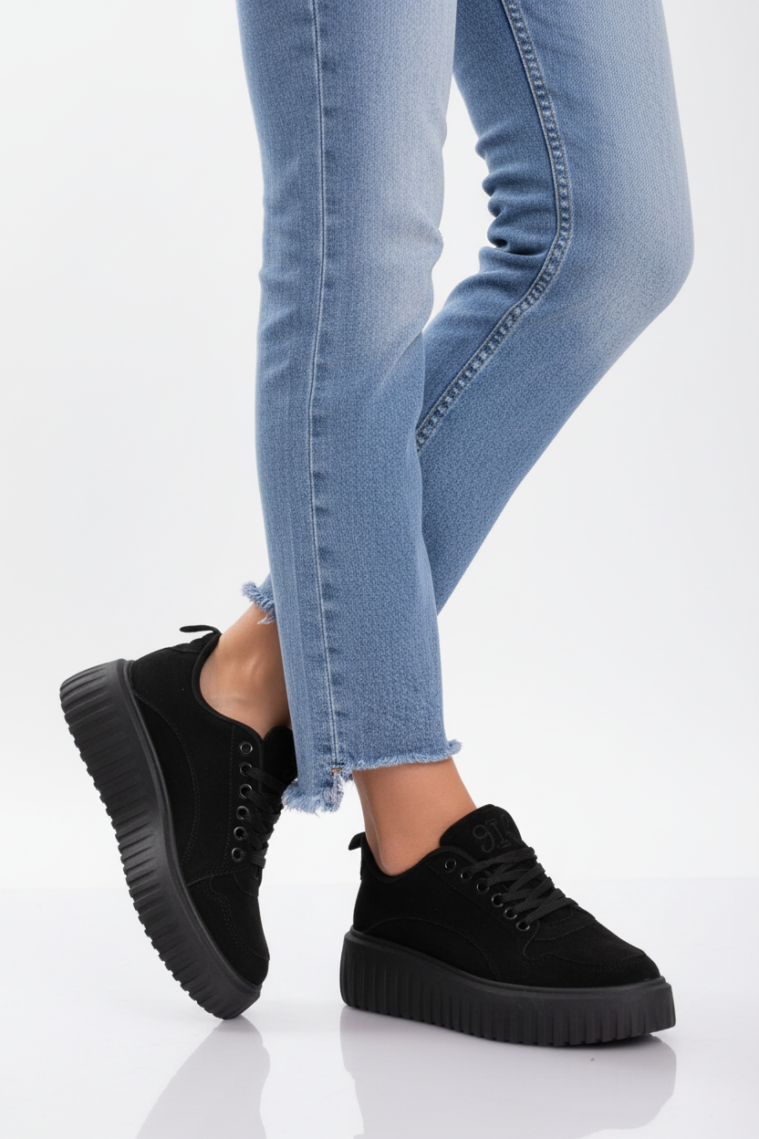 Sneakers Platform Donna in Camoscio Nero con Suola Zigrinata – Modello Casual Urban