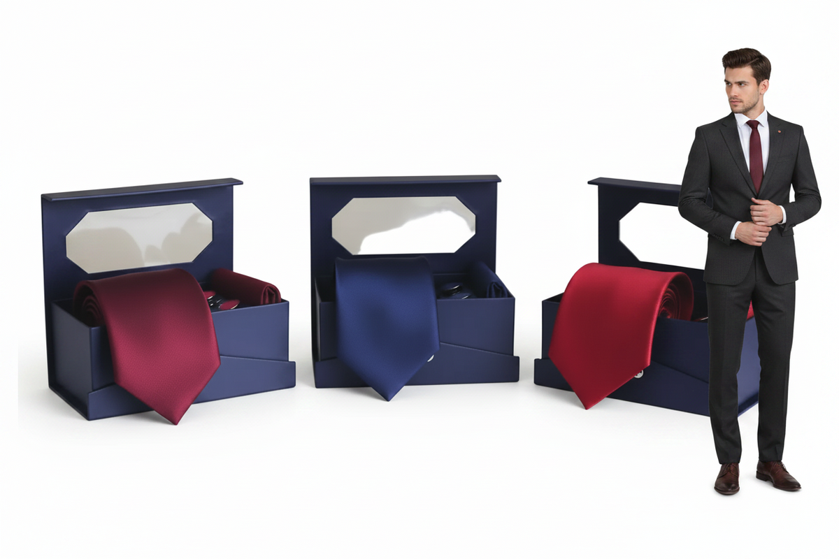Set Regalo Uomo 3 colori Elegante: Cravatta Bordeaux  _ Blu _rosso con Fazzoletto da Taschino e Gemelli Coordinati – Confezione Premium