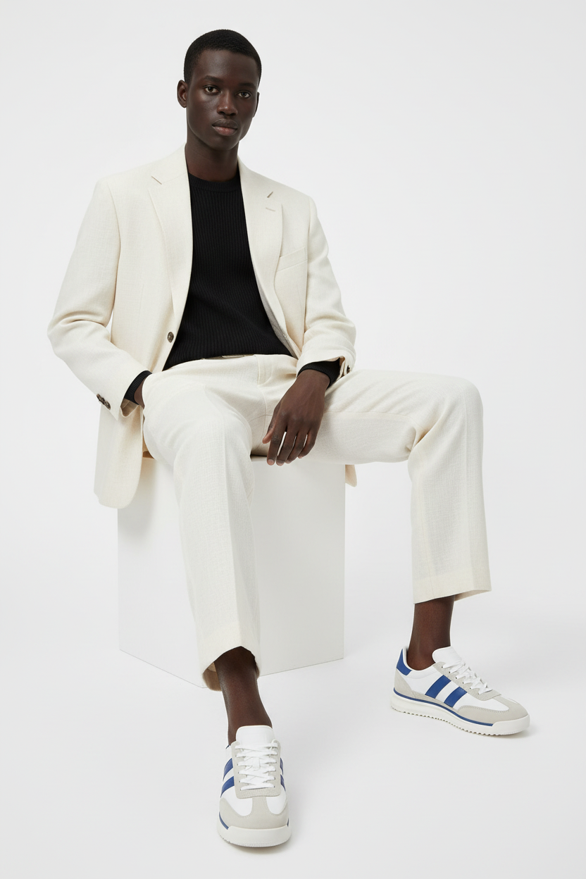 Sneaker Uomo Vintage Urban – Bianco Panna con Dettagli Blu Style