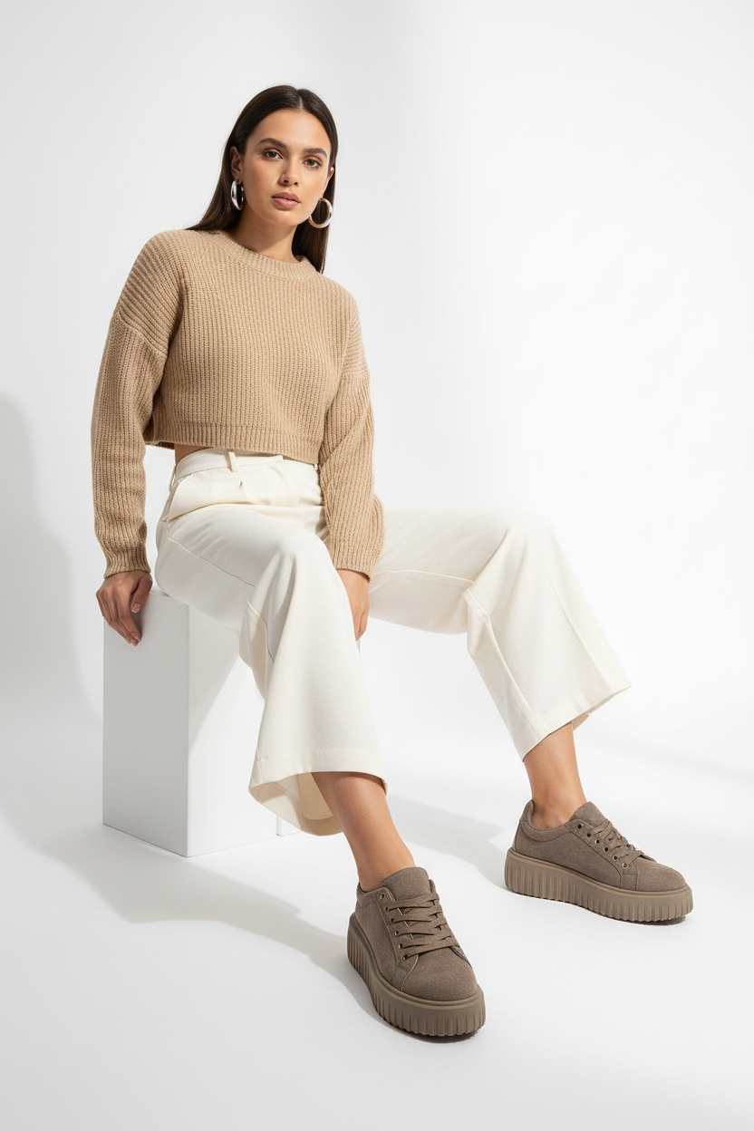 🏷️ Sneakers Platform Donna Effetto Suede – Khaki / Marrone