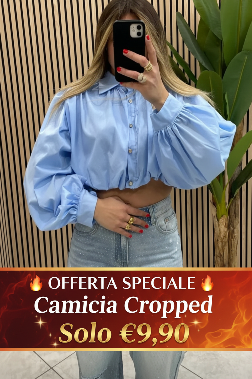 Camicia Cropped Azzurra con Maniche Giga a Sbuffo – In Offerta Lancio 9.90