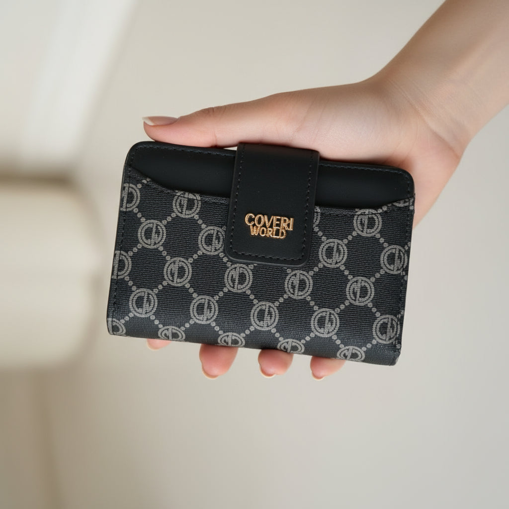 Portafoglio Donna Coveri World Compatto – Modello Monogram Beige e Marrone  o nero e Bianco con Zip e Bottone