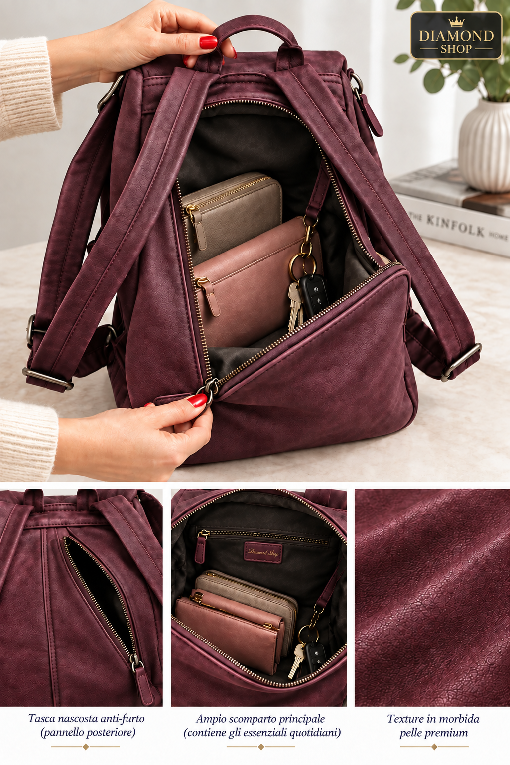 Zaino Donna Antifurto in Morbida Ecopelle Lavata – Color Sangria 🍷