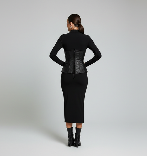 Abito Longuette  Noleny Hybrid – Vestito Nero con Corsetto in Ecopelle (Taglia Unica XS-L)