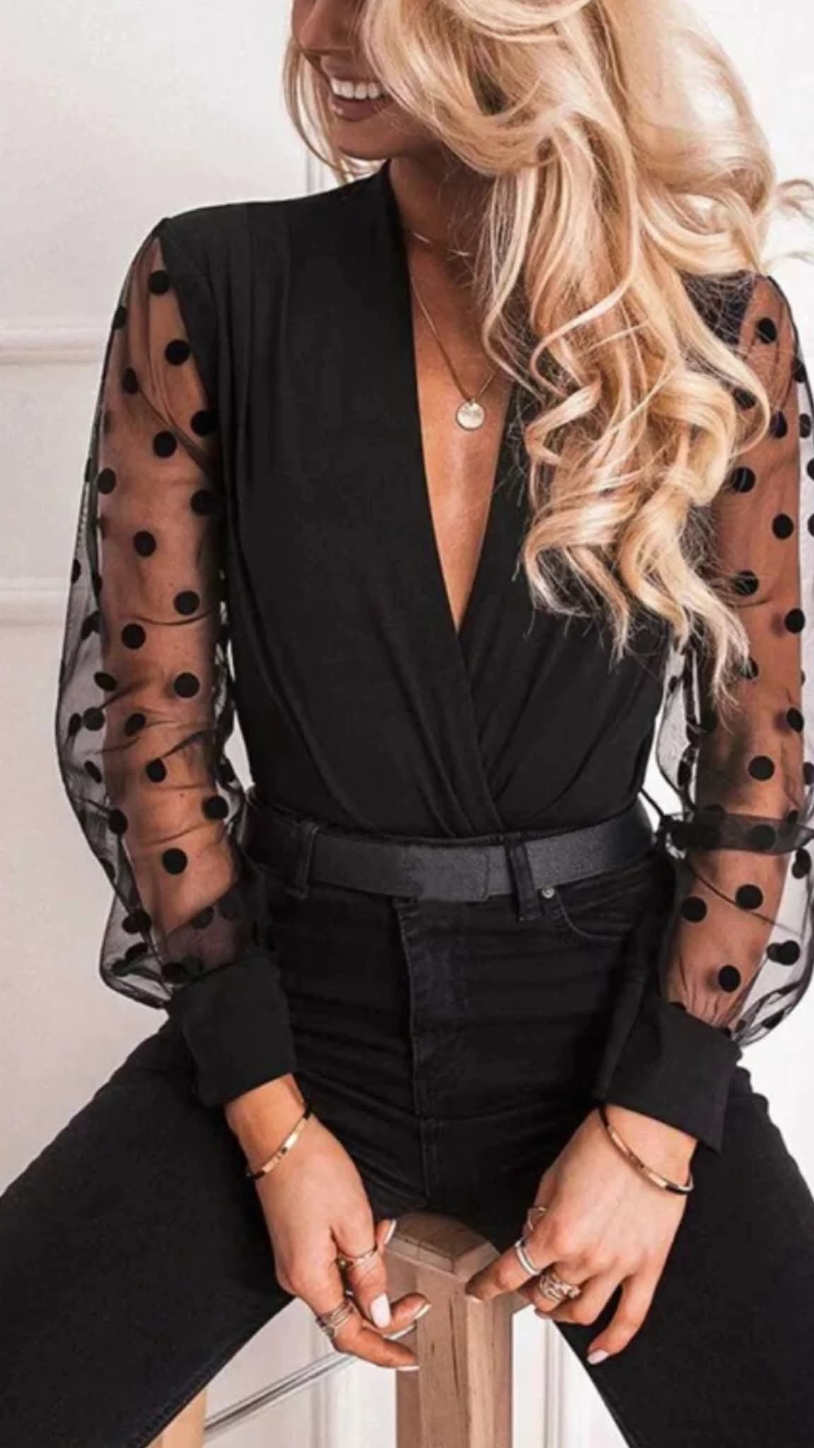 Body Nero Elegante Incrociato con Maniche in Tulle a Pois – Taglia Unica (XS-L)