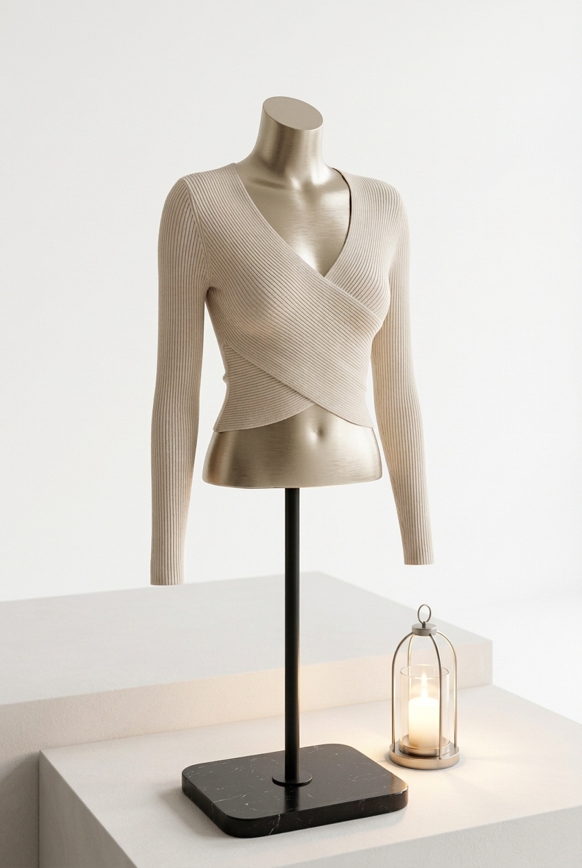 Crop Top A Costine Con Scollo Incrociato