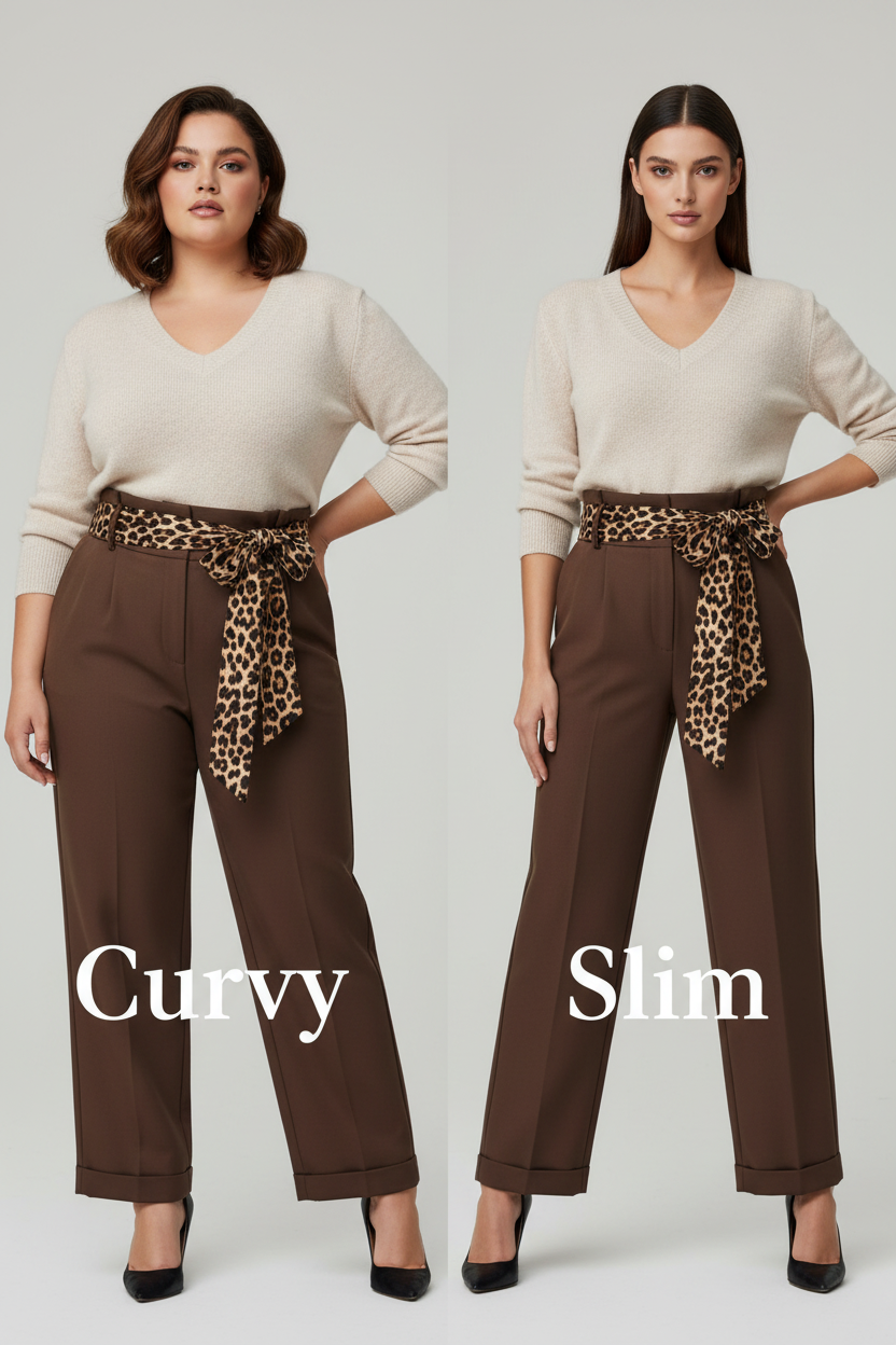 Outfit  : COMPLETO Pantalone Largo Elegante Cioccolato  Elasticizzato con Cintura Inclusa –   + Pullover Taglia Unica Slim S M L XL (Veste 40-48).           Tg Curvy: 2XL 3XL ( VESTE 50_54)