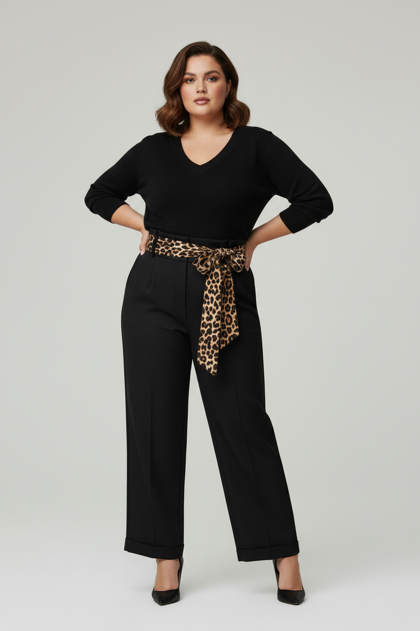 Outfit  : COMPLETO Pantalone Largo Elegante Cioccolato  Elasticizzato con Cintura Inclusa –   + Pullover Taglia Unica Slim S M L XL (Veste 40-48).           Tg Curvy: 2XL 3XL ( VESTE 50_54)