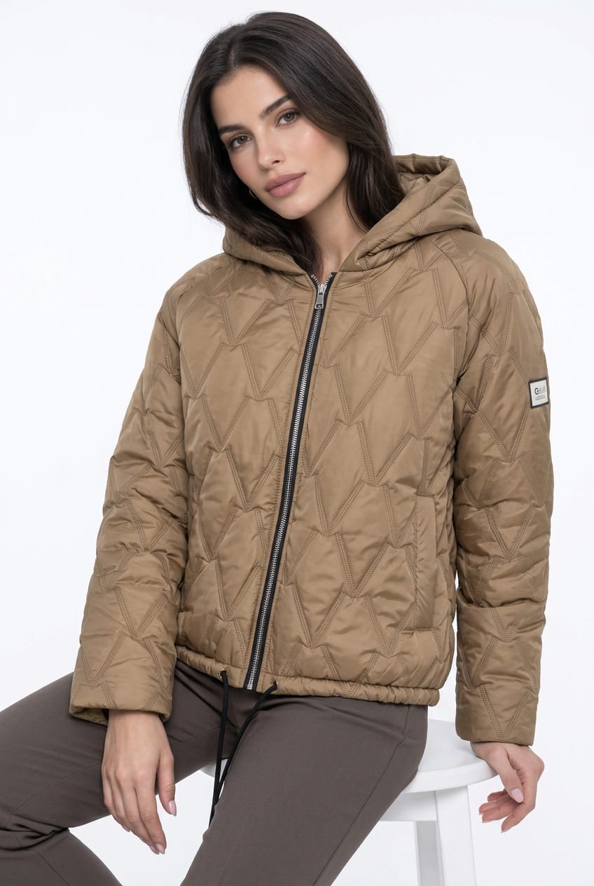 • Giubbotto Curvy Taglia Unica Comoda 44-54 Giacca Regolabile con Coulisse – Panna / Marrone Cachi